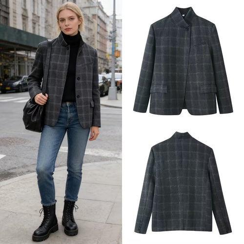 Damen Kastenblazer mit Stehkragen, asymmetrischer Ein-Knopf-Leiste und feinem Karodessin Echo Archiv