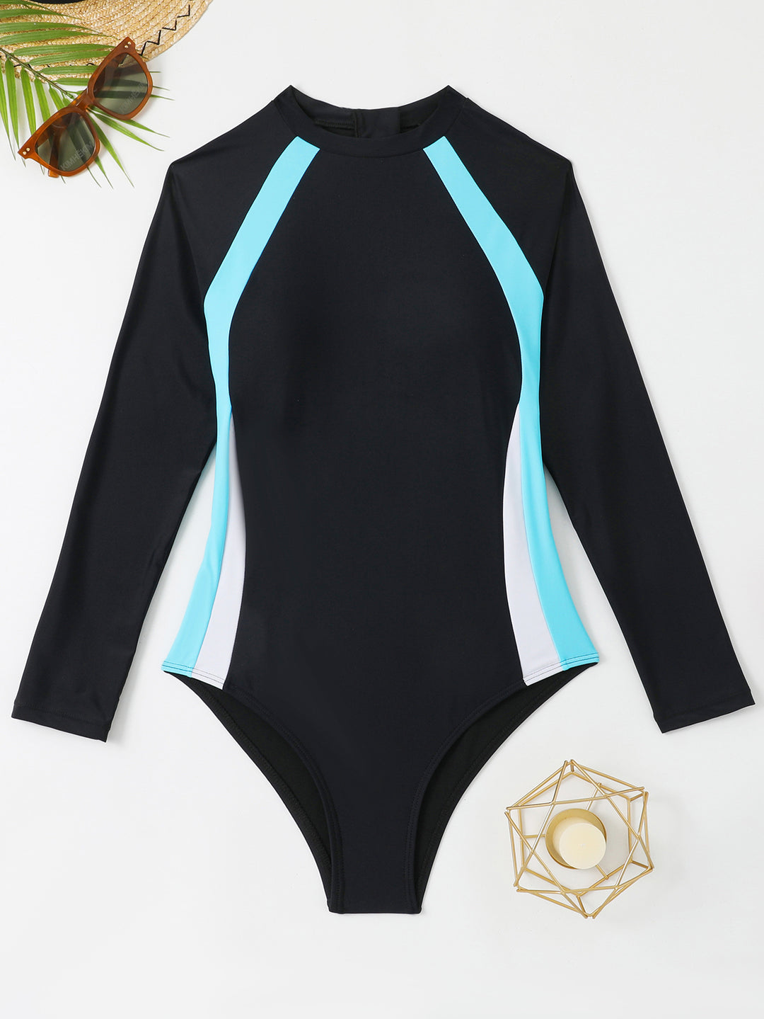 Damen Sportlicher Langarm-Badeanzug mit Farbblockdesign Echo Archiv