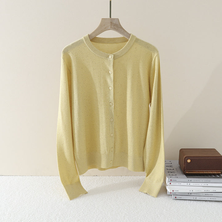 Damen Feiner Rundhals-Cardigan aus leichtem Feinstrick mit Perlmuttknopfleiste und dezentem Glitzereffekt Echo Archiv