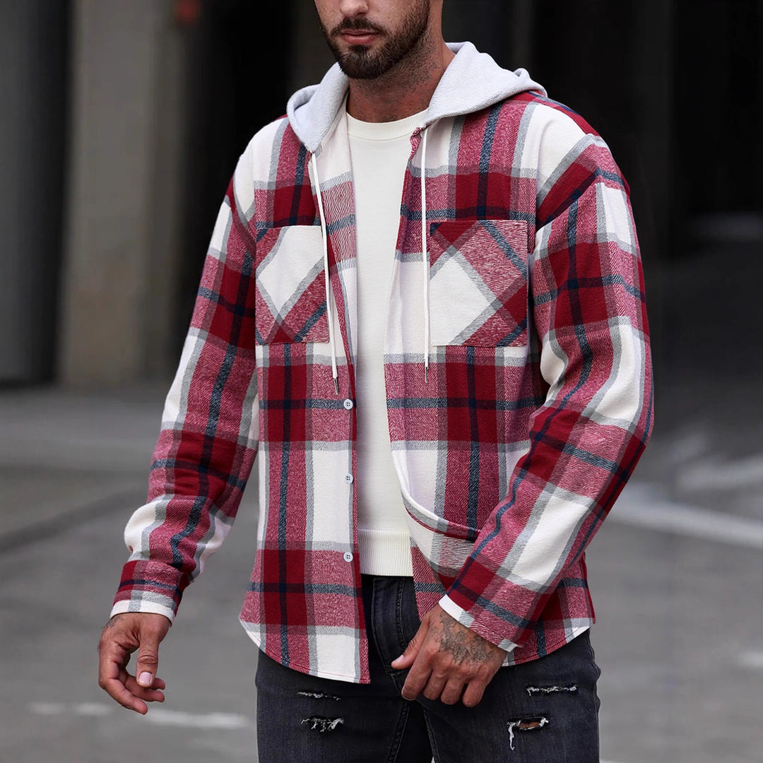 Herren Flanelljacke im lässigen Karomuster mit Kapuze und zwei Taschen Echoarchiv