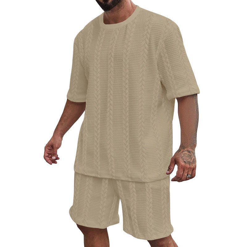 Herren nan entspanntes Zopfstrick-Freizeitset mit weitem Kurzarmshirt und elastischer Bermuda Echo Archiv