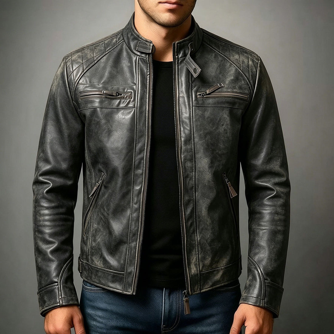 Herren Biker-inspirierte Kunstlederjacke mit Stehkragen, gesteppter Schulterpartie und Reißverschlusstaschen Echo Archiv