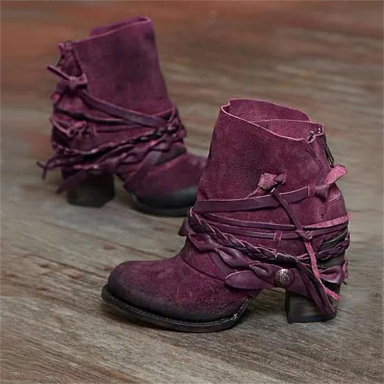 Damen Vintage Western-Ankleboots aus Velourslederoptik mit geflochtenen Zierriemen und niedrigem Blockabsatz Echo Archiv