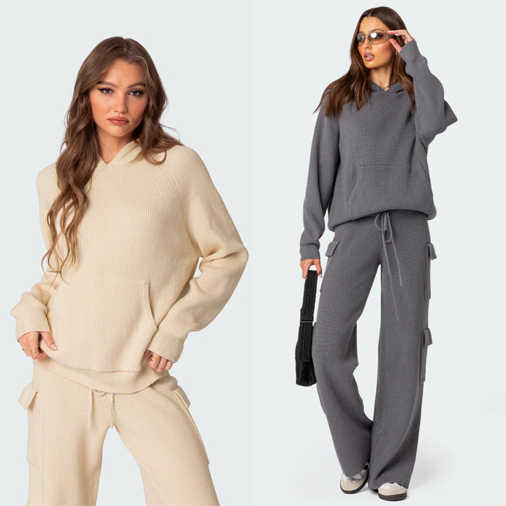 Damen nan gerippter Kapuzenpullover aus Feinstrick mit Kängurutasche und relaxed Fit Echo Archiv