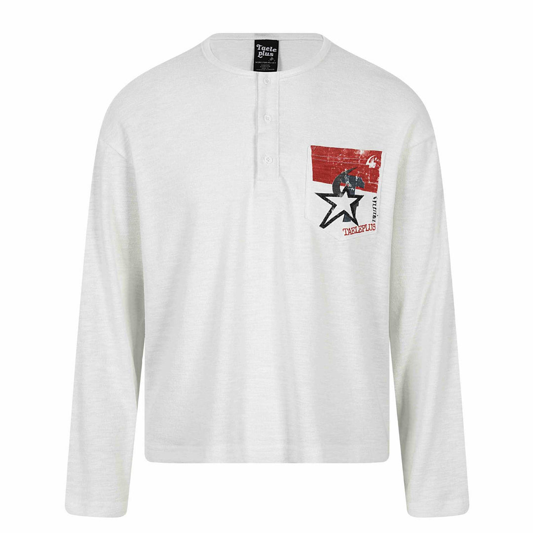 Unisex Langarm-Henleyshirt mit Brusttasche und Vintage-Print Echoarchiv