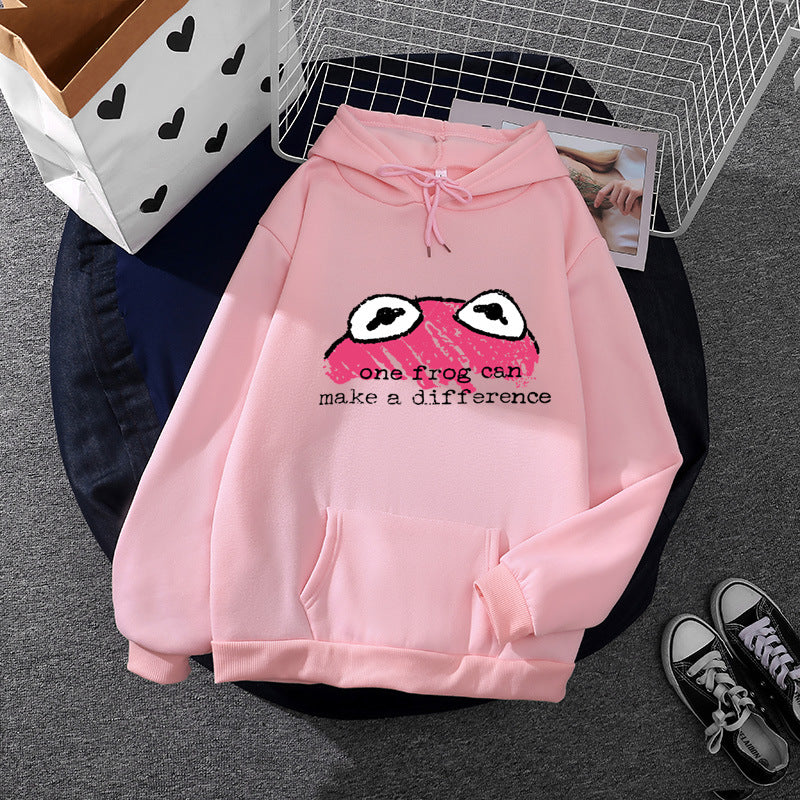 Damen relaxed-fit Kapuzenpullover mit gestempelter Froschgrafik, Kängurutasche und Kordelzug – Auréline