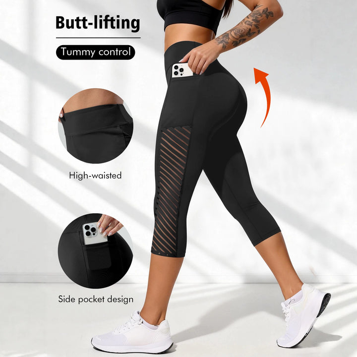 Damen Formende dreiviertel-Sportleggings mit hohem Bund, seitlichem Mesh-Einsatz und Handytasche echoarchiv-