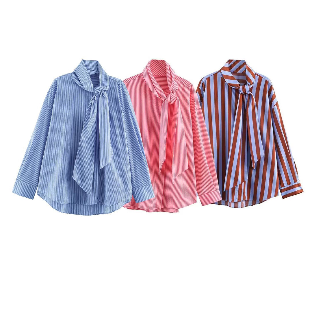 Damen Gestreifte Bluse mit Schleifenkragen und Oversize-Schnitt Echo Archiv