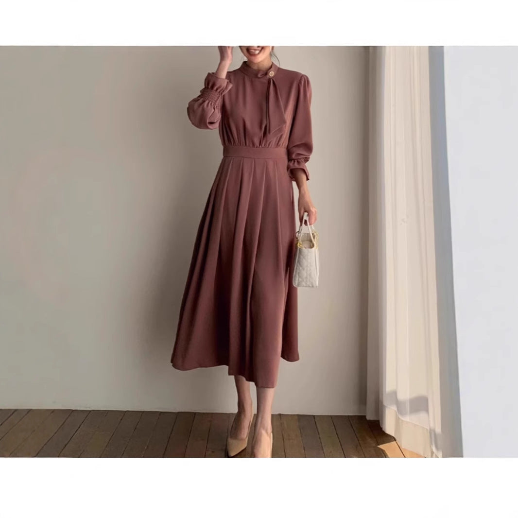 Damen Midikleid mit Stehkragen, Schleifenblende und geraffter Taille Echoarchiv
