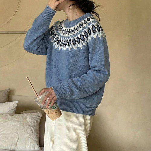 Damen Rundhals-Pullover mit Jacquard-Yoke und Relaxed-Fit Echoarchiv