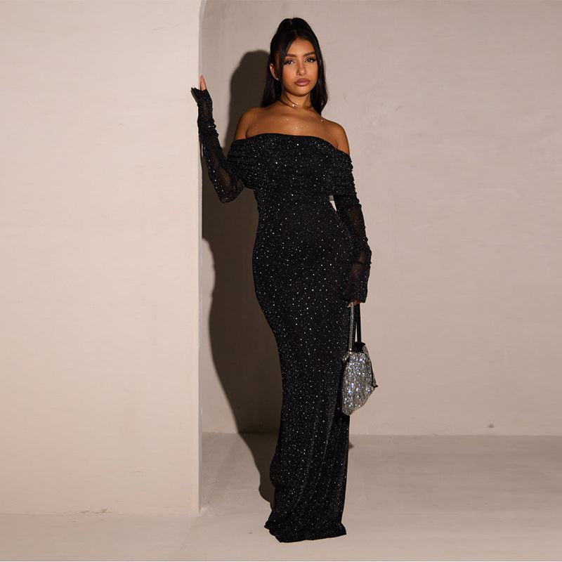 Damen Elegantes schulterfreies Maxikleid mit glitzernden Akzenten Echo Archiv