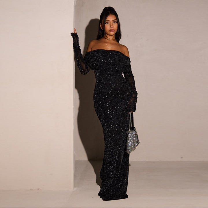 Damen Elegantes schulterfreies Maxikleid mit glitzernden Akzenten Echo Archiv