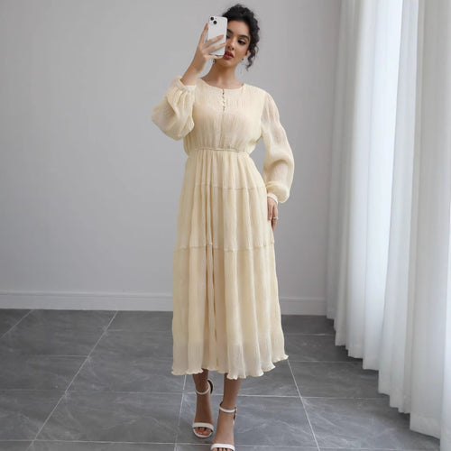 Damen Midikleid aus Crêpe mit Stufenrock, geraffter Taille und Ballonärmeln – Élara