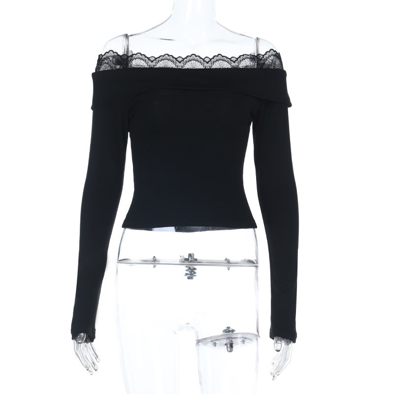 Damen Off-Shoulder Langarm-Top mit Spitzenbesatz und figurbetonter Silhouette – Avérine
