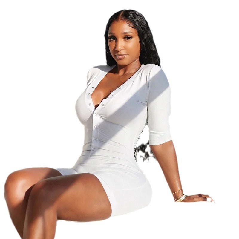 Damen Figurbetonter Jumpsuit mit kurzem Arm und modischem Ausschnitt Echo Archiv