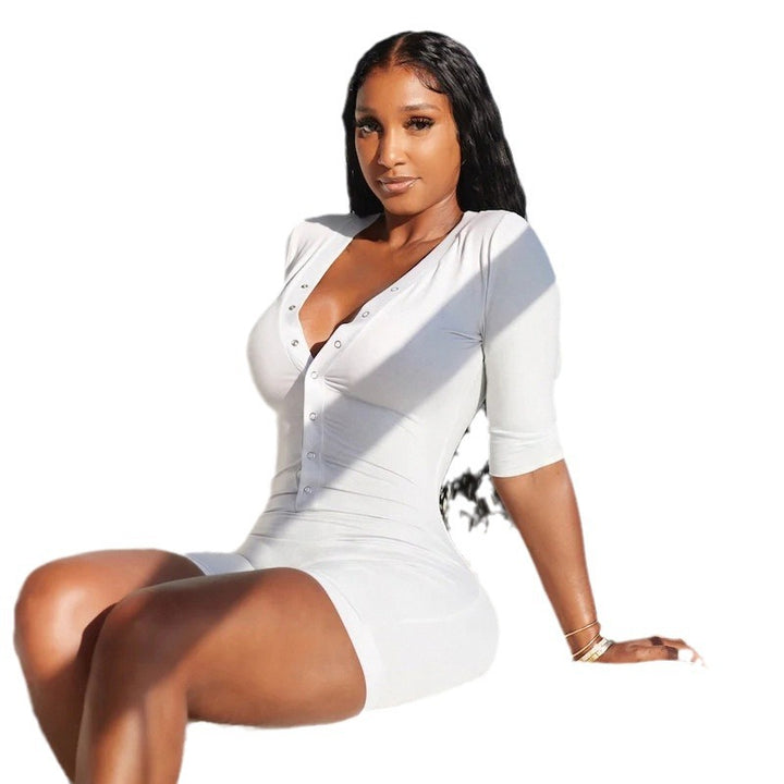 Damen Figurbetonter Jumpsuit mit kurzem Arm und modischem Ausschnitt Echo Archiv