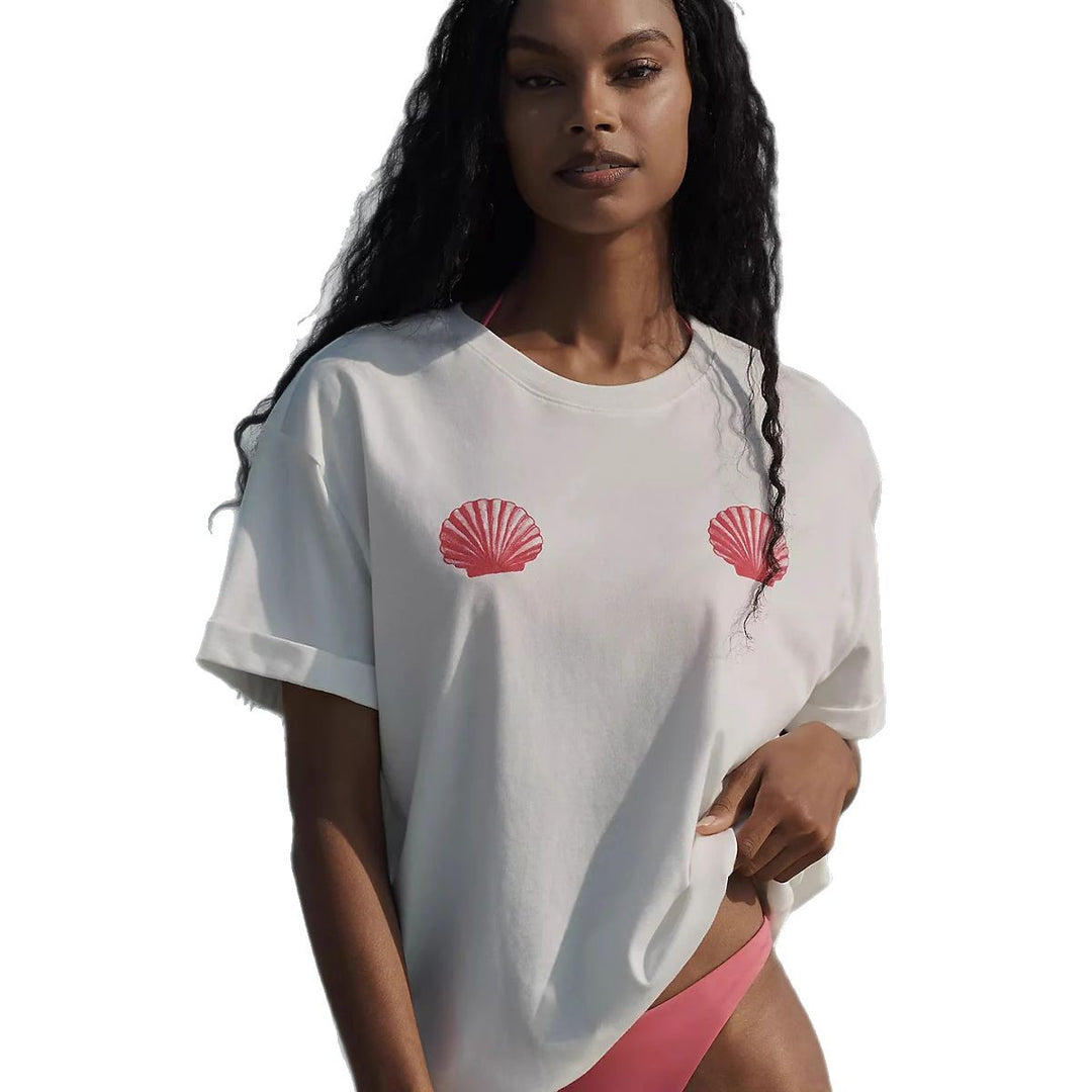 Damen lässiges T-Shirt mit maritimem Muschel-Print und lockerer Passform Echo Archiv