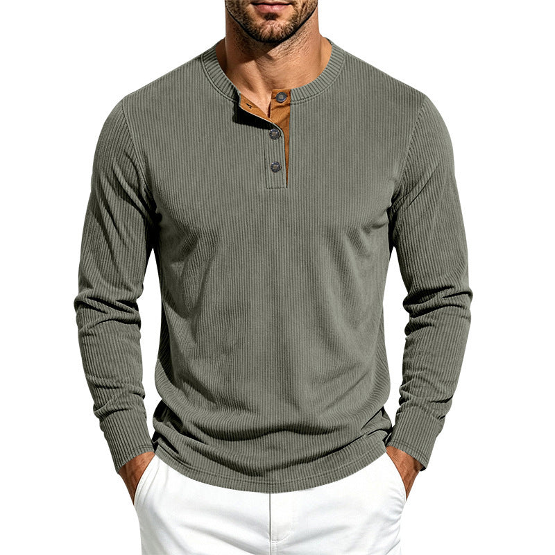 Herren Geripptes Henley-Langarmshirt aus Feinstrick mit Stehkragen und Knopfleiste – Norvane