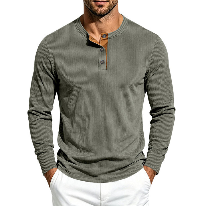 Herren Geripptes Henley-Langarmshirt aus Feinstrick mit Stehkragen und Knopfleiste – Norvane