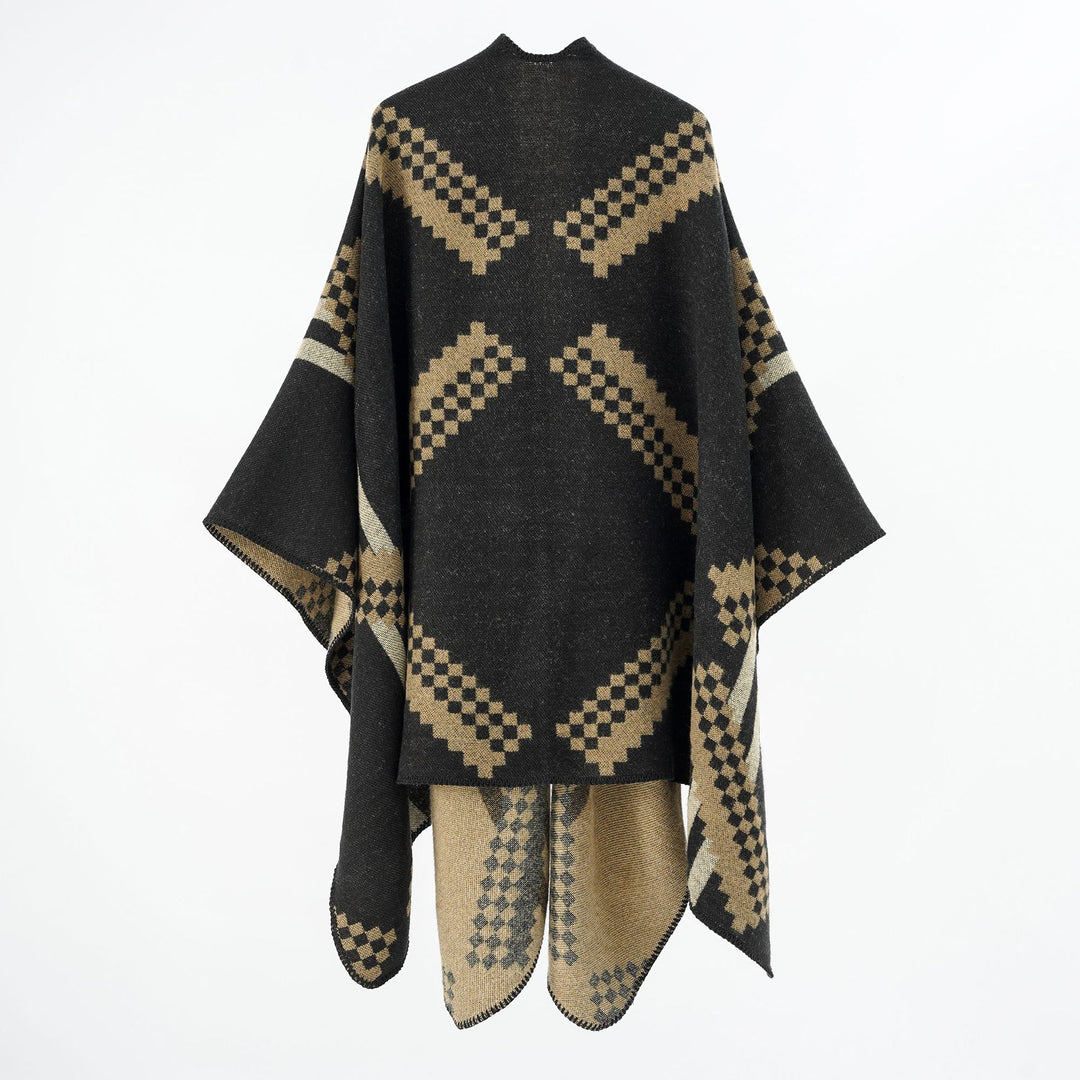 Damen Oversize-Umhangponcho aus Wollmix mit geometrischem Jacquard und Ziernaht – Célinea