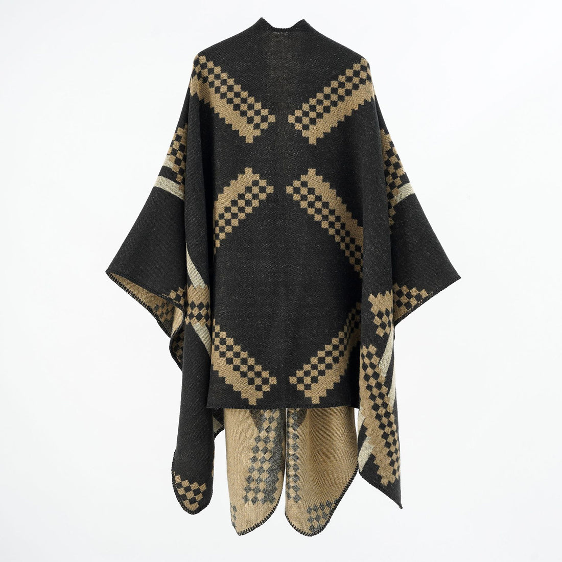 Damen Oversize-Umhangponcho aus Wollmix mit geometrischem Jacquard und Ziernaht – Célinea