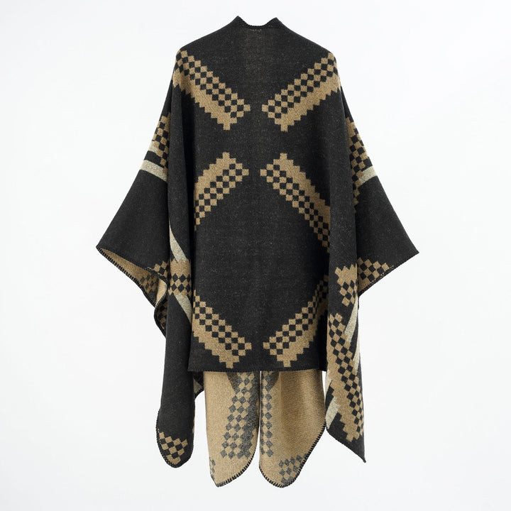 Damen Oversize-Umhangponcho aus Wollmix mit geometrischem Jacquard und Ziernaht – Célinea