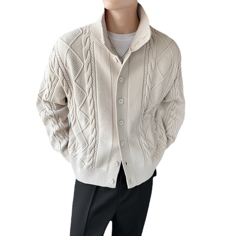 Herren Grobstrickpullover mit modernem Stehkragen und Knopfleiste Echoarchiv