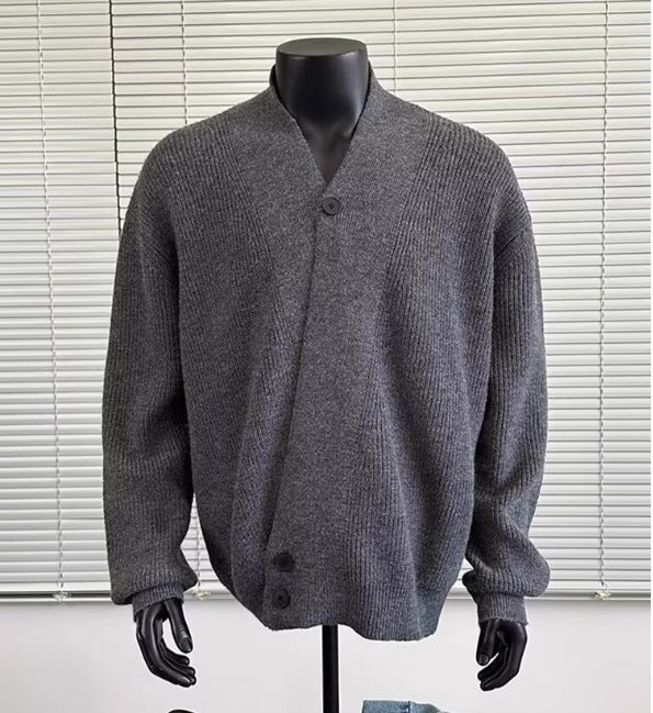 Herren Grobstrick-Cardigan im Oversize-Schnitt mit Schalkragen und asymmetrischer 3-Knopfleiste – Terenzo