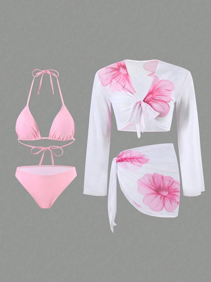 Damen Bikini-Set mit floralem Wickeltuch und langärmliger Oberteile Echo Archiv