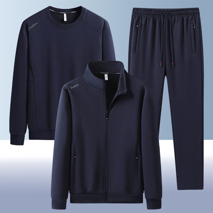 [Herren] Zweiteiliges Trainingsset mit Stehkragen-Zipjacke, Rundhals‑Sweatshirt und konisch geschnittener Jogginghose aus atmungsaktivem Fleece Echoarchiv