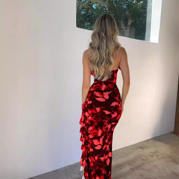 Damen Träger Maxikleid mit verspieltem Rüschen-Ausschnitt und floralem Design Echo Archiv