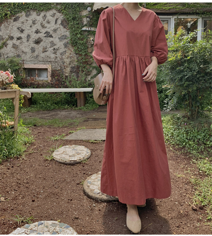 Damen Maxikleid mit V-Ausschnitt, geraffter Taillennaht und voluminösen dreiviertel-Ärmeln – Valéora