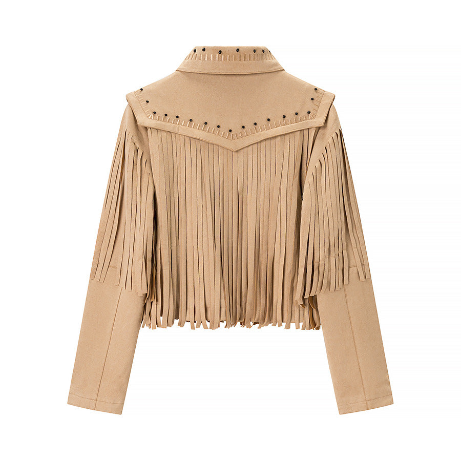 Damen Kurze Fransenjacke aus Wildlederoptik mit Reißverschluss und Nietenbesatz Echo Archiv