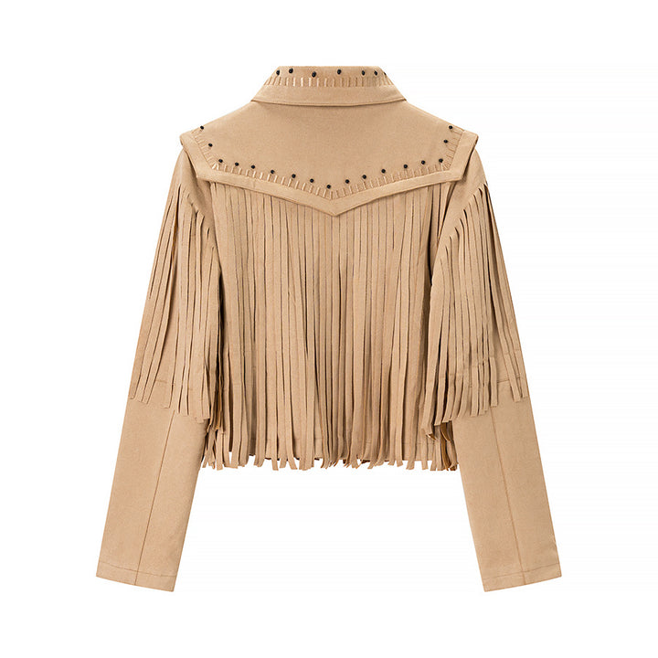 Damen Kurze Fransenjacke aus Wildlederoptik mit Reißverschluss und Nietenbesatz Echo Archiv