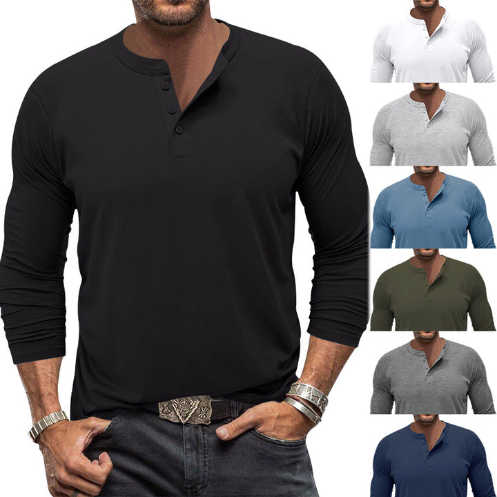 Herren modisches Langarm-Henley-Shirt mit modernem Kragen und praktischen Knopfdetails Echoarchiv