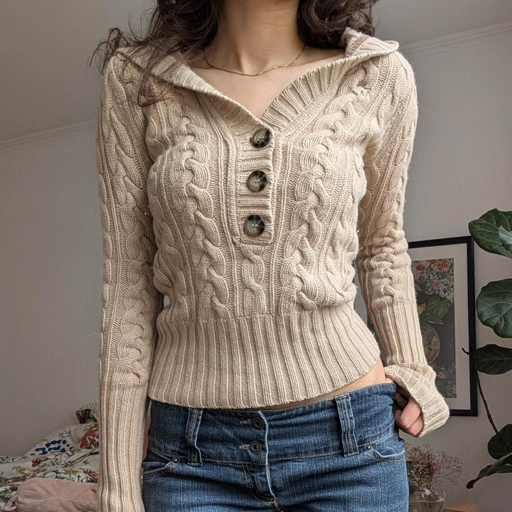 Damen Feinstrick-Pullover mit Zopfstrick, V‑Kragen mit Knopfleiste und breitem Rippbund Echo Archiv