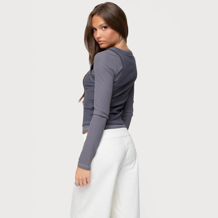 Damen Langarm-Crop-Top mit modischem Farbkontrast und nahtloser Verarbeitung Echo Archiv