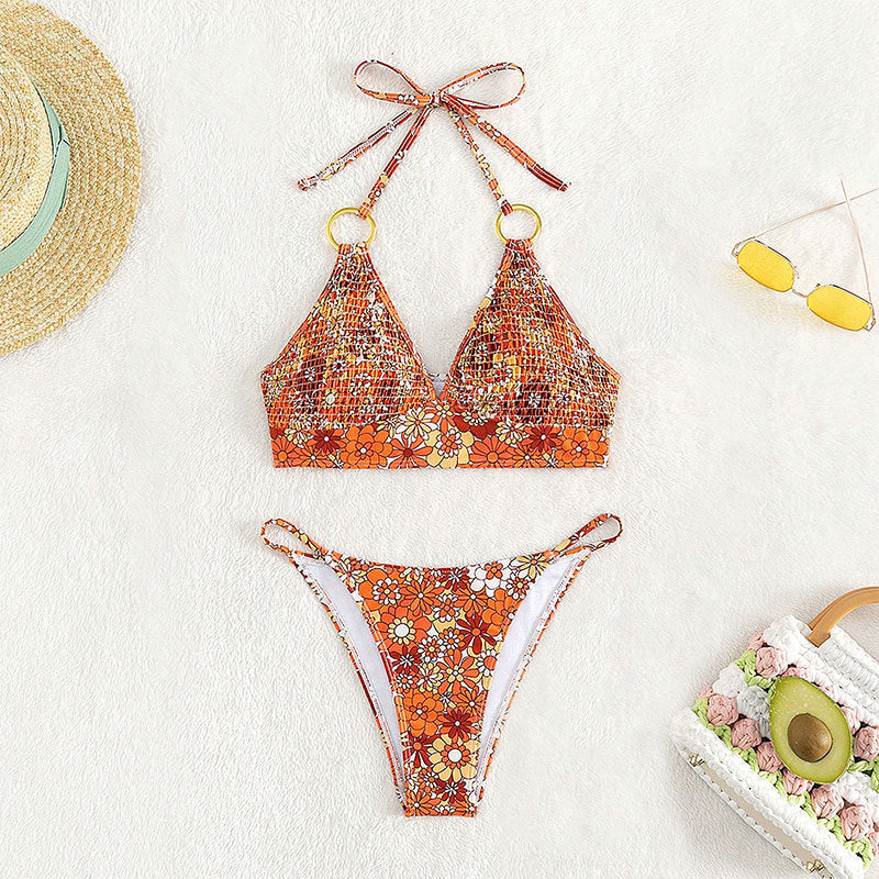 Damen Triangel-Bikini mit floralem Muster und goldenen Ringdetails Echo Archiv