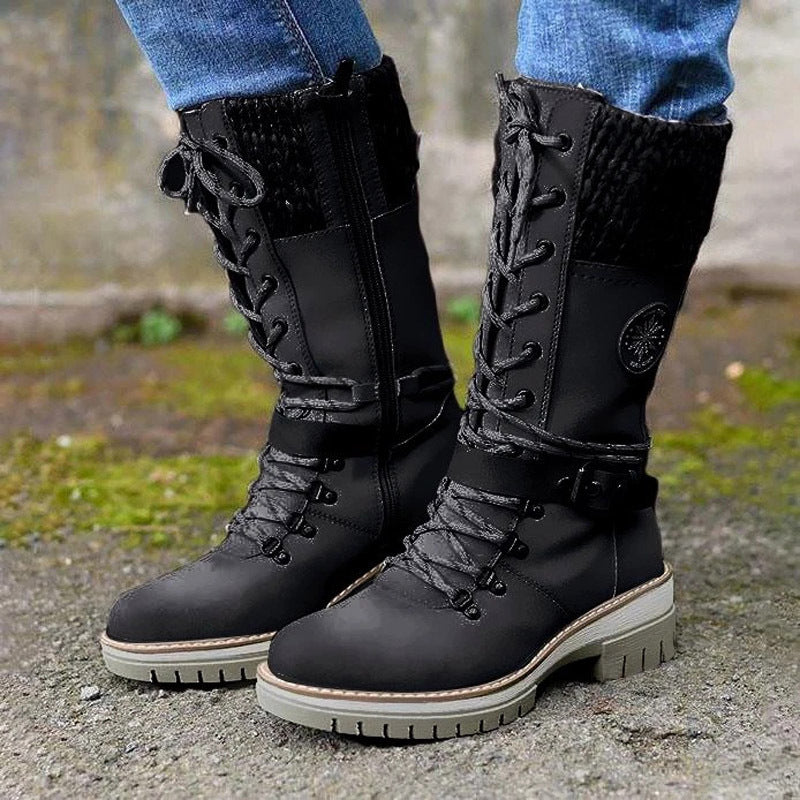 Damen nan gefütterte Schnürstiefel mit gestricktem Schaftbund, dekorativem Schnallenriemen und profilierter Gummisohle Echo Archiv