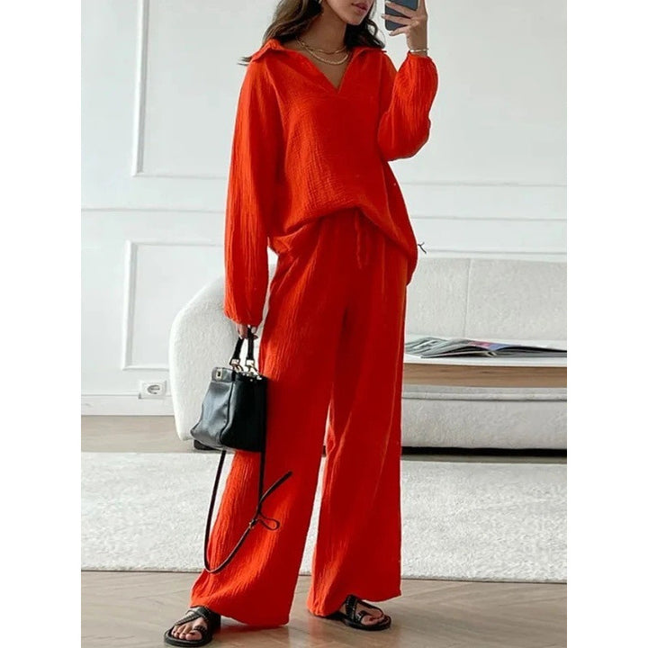 Damen Leichtes Crinkle-Lounge-Set mit V-Ausschnitt und weiter High-Waist-Hose Echo Archiv