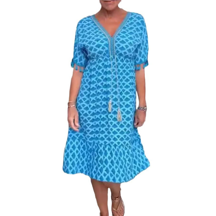Damen nan lässiges Midikleid im Kaftanstil mit V-Ausschnitt, Quastenband, geraffter Empirenaht und Fransenärmeln Echo Archiv