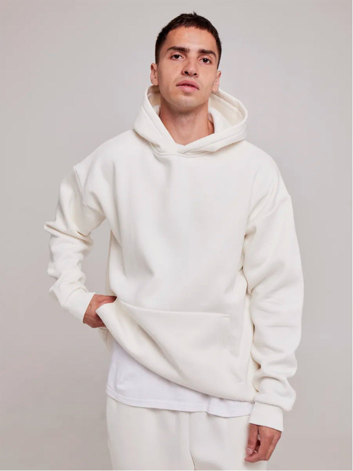 Herren schwerer Fleece-Boxy-Hoodie mit tiefem Schulterfall verstärkter Kapuze und Kängurutasche – Cavarno
