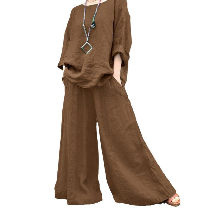 Damen Luftiges Leinen-Lounge-Set mit kastiger Tunika und extra weitem Palazzo-Hosenbein Echo Archiv