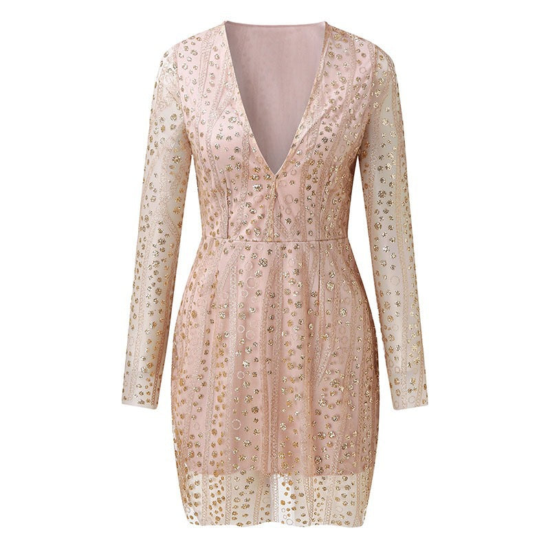 Damen Elegantes Cocktailkleid mit tiefem V-Ausschnitt und funkelnden Pailletten Echo Archiv