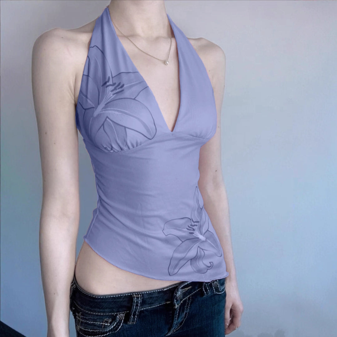 Damen Neckholder Oberteil mit floralem Design und asymmetrischem Schnitt Echo Archiv
