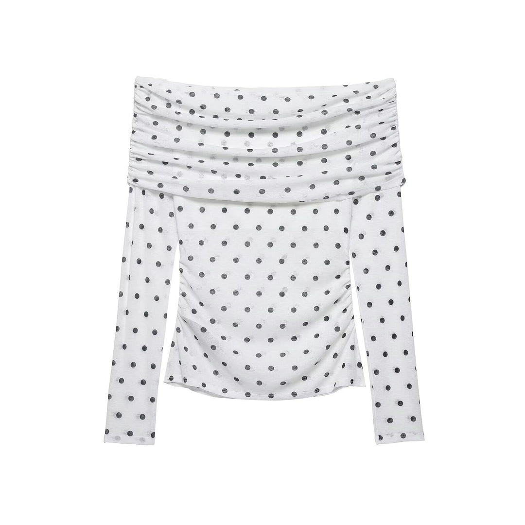 Damen Schulterfreies Langarm-Top mit Wasserfallkragen und Polka-Dot-Print Echo Archiv