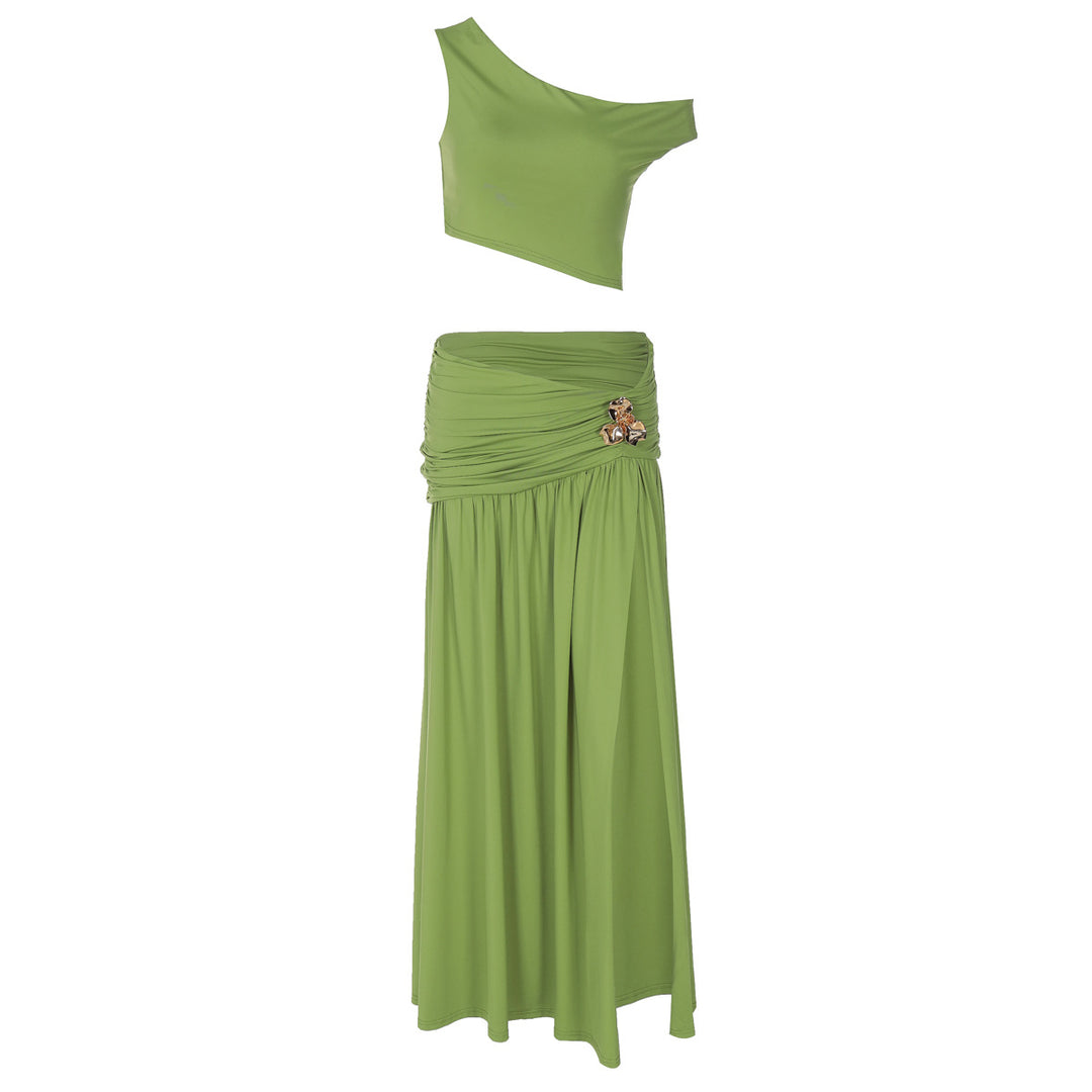 Damen Elegantes Off-Shoulder Maxikleid mit seitlichem Schlitz und raffiniertem Bund Echo Archiv