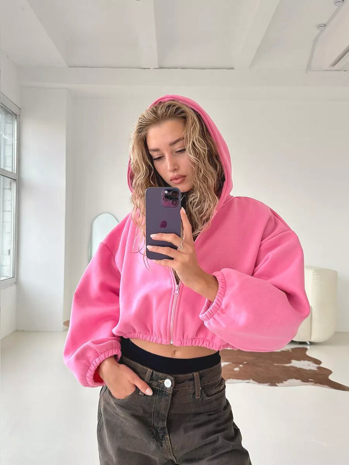 Damen nan oversized Kapuzenjacke kurz geschnitten mit elastischem Saum und Ballonärmeln Echo Archiv