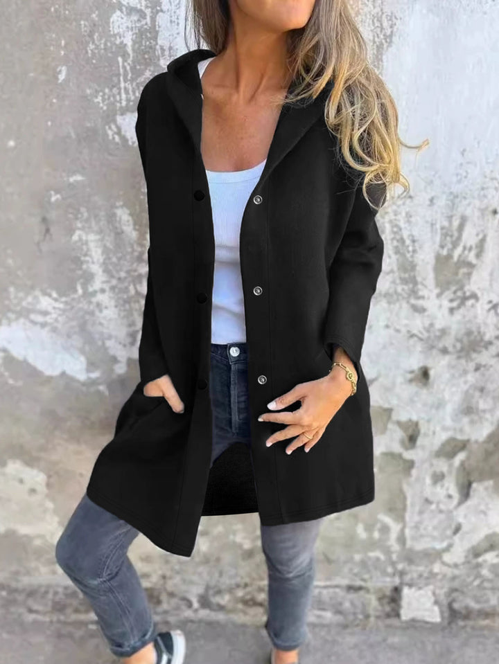 Damen Langer Kapuzen-Cardigan mit Druckknopfleiste, Eingrifftaschen und legerer Silhouette – Veloura