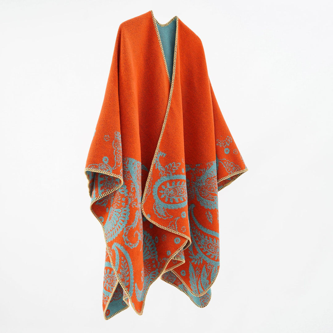 Damen Feines Woll-Cape im Überwurfstil mit kontrastierender Border-Jacquard – Avérine
